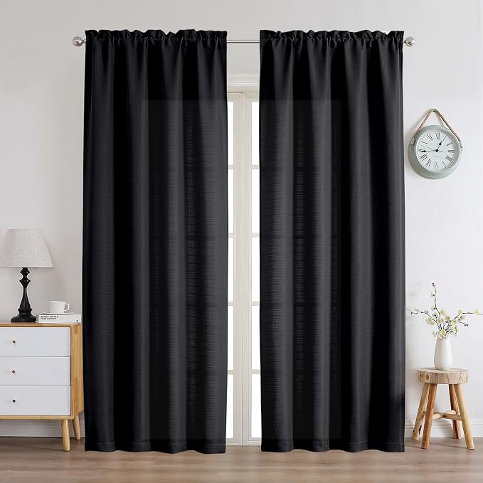 Chyhomenyc Black Curtains 84 Inches Long 2 Panels, Faux Linen Light Filtering - Image 2