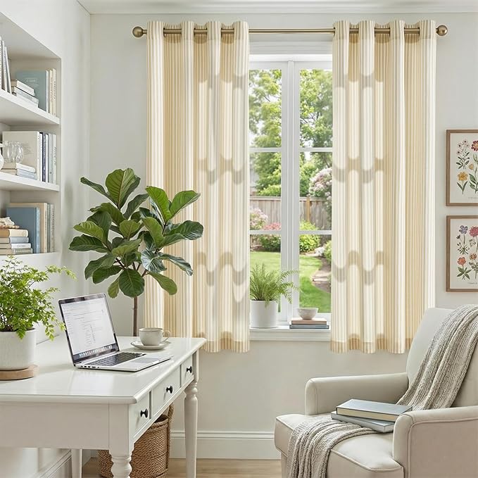jinchan Linen Curtains for Living Room Yellow Vertical Striped on White - Image 4