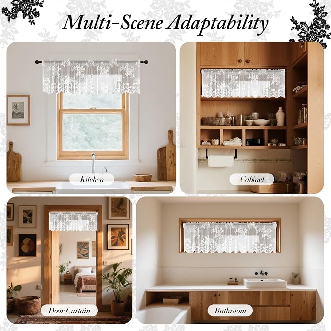 Rinwoc White Lace Semi-Sheer Valance Cafe Curtains – Vintage Floral Lace Tier - Image 4