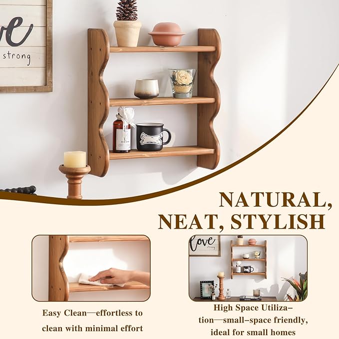 100% Solid Wood Wall Shelf 3-Tier, Rustic Floating Shelves Wall Mounted Storage - Image 3