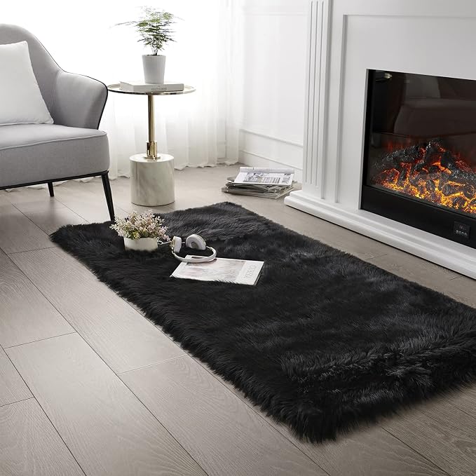 SERISSA Soft Fluffy Rug Coal Black Faux Sheepskin Fur Rug Shaggy Area Rug by SERISSAHomeDecorCollection