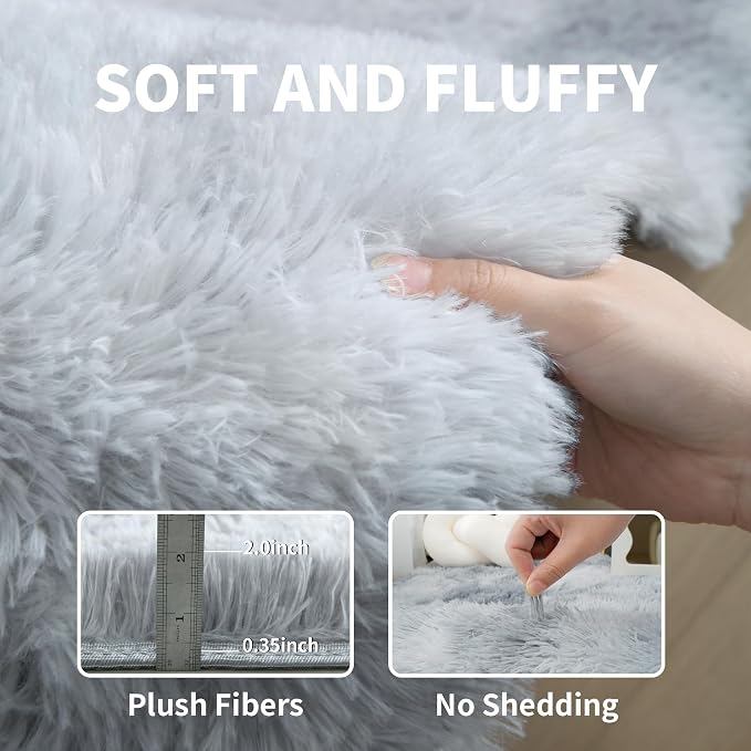 KICHOWUA 5x8 Light Grey Fluffy Shag Area Rug - Image 3