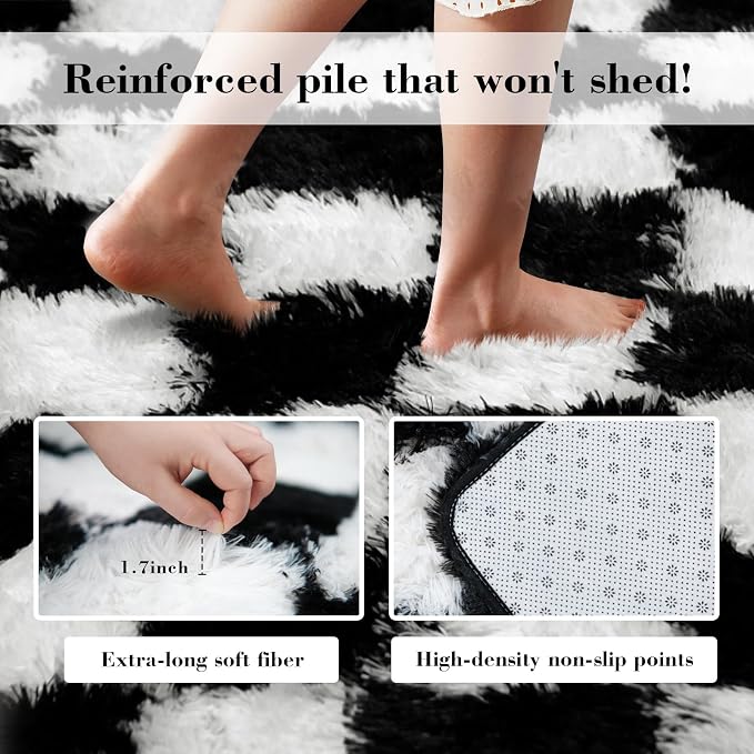 Checkered Rug for Bedroom, 3x7 Black and White Area Rugs, Classic Checkered - Image 6
