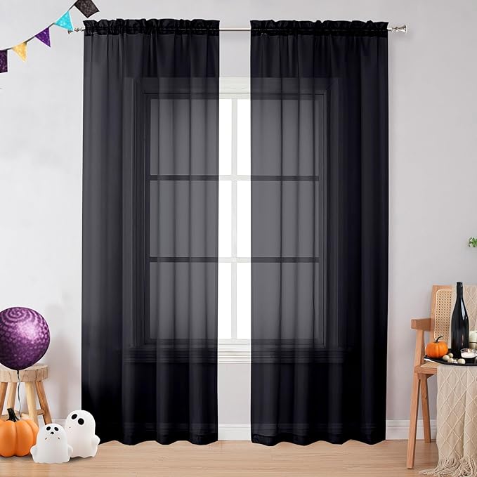OVZME 2 Panels Sheer Black Curtains 72 Inches Length Window Treatment by OVZME