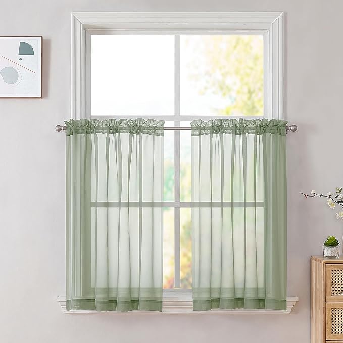 OVZME Sage Green Sheer Curtains 36 inches Long, Short Kitchen Window Treatment by OVZME