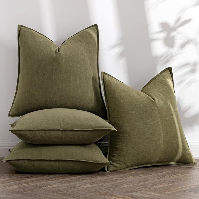 MIULEE Olive Green Linen Pillow Covers Pack of 4 Decorative Natural Solid Throw - Image 5