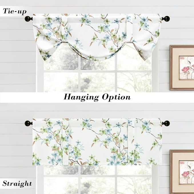 Leeva Tie-up Curtain Valances for Bedroom, Rustic Blue & Green Flower Privacy - Image 3