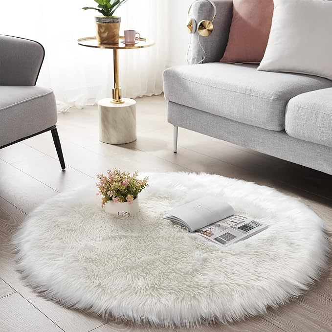SERISSA Soft Round Faux Sheepskin Fur Area Rug White Circle Fluffy Rugs - Image 2