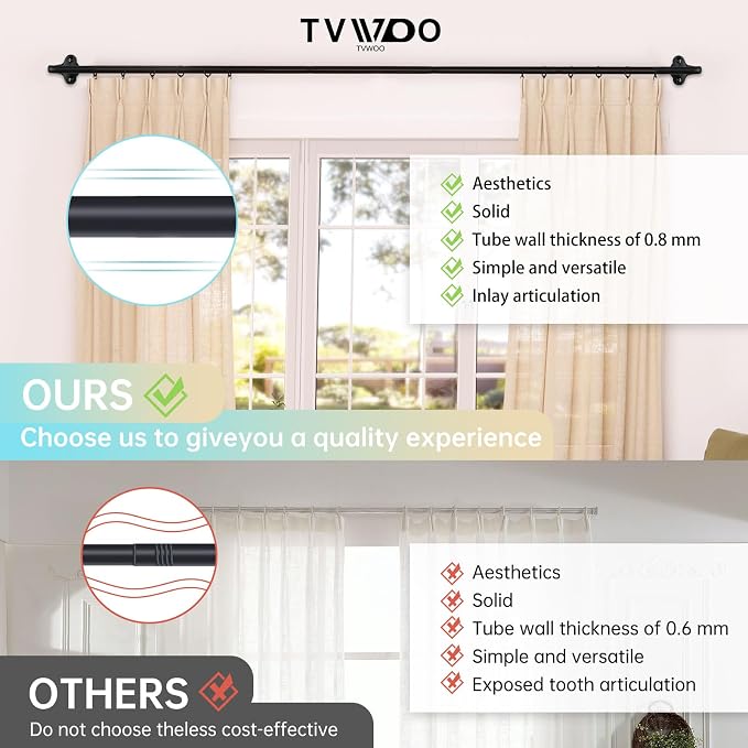 TVWOO 2 Pack Wrap Around Curtain Rods, 5/8 Inch Adjustable Blackout Curtain Rod - Image 6