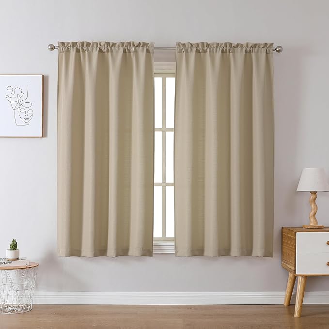 Chyhomenyc Camel Curtains 45 Inch Length 2 Panels, Faux Linen Textured Semi - Image 2