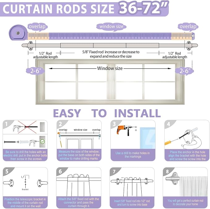 TVWOO Silver Wrap Around Curtain Rods:5/8 In Blackout Adjustable Window Curtain - Image 3