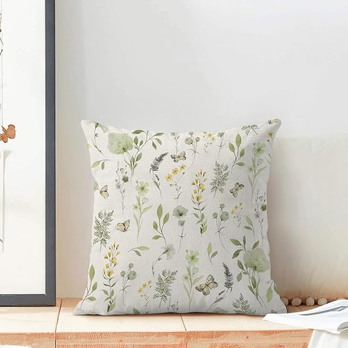 AEIOAE Spring Pillow Covers 16x16 Inch Set of 2, Sage Green Yellow Wild Flower - Image 3