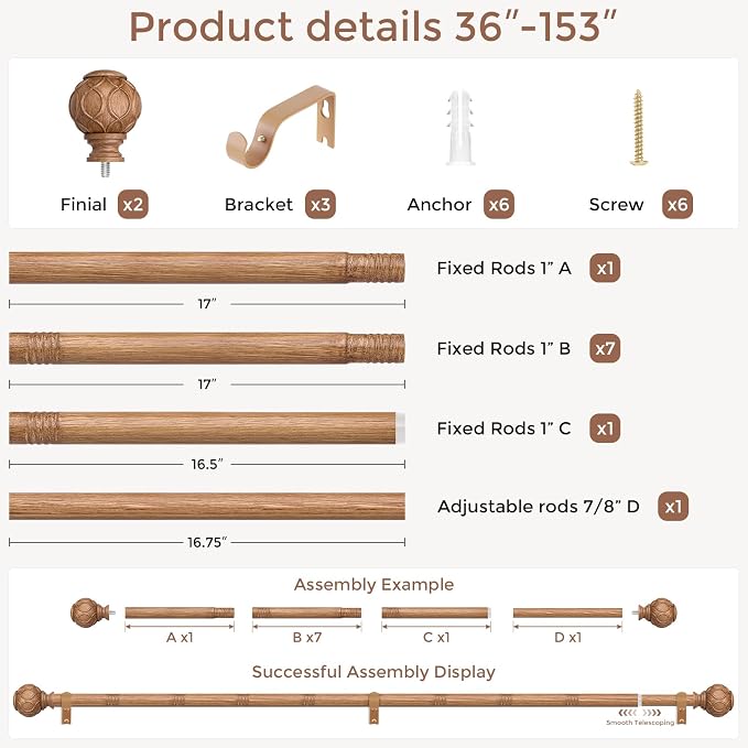 Long Wood Curtain Rods for Windows 72 to 144 Inch, Boho Vintage Decorative 1'' - Image 5