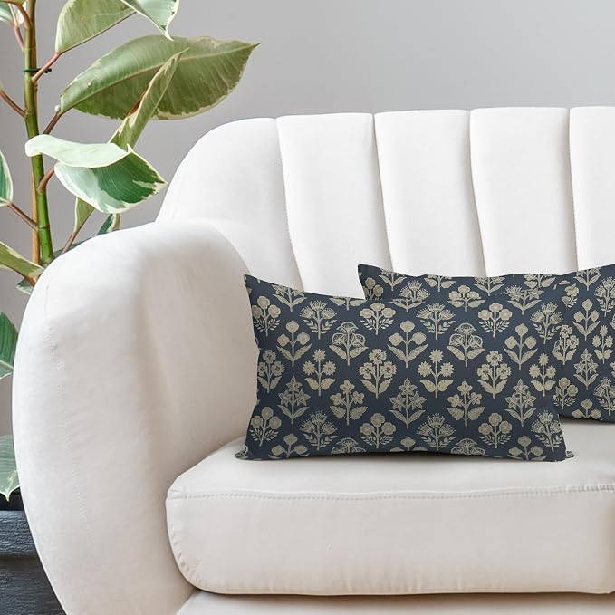 Dusty Blue Pillow Covers 12x20 Inch Set of 2, Cream Floral Block Print Pattern - Image 5