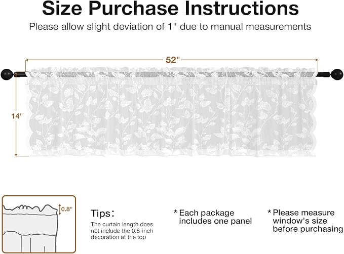 Rinwoc White Lace Semi-Sheer Kitchen Valance Curtains – Vintage Leaf Lace Tiers - Image 2
