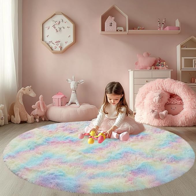 Round 4x4ft Fluffy Rainbow Rug: Ultra Soft Furry Girls Bedroom Carpet- Colorful by CAIYUECS
