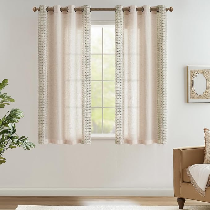 jinchan Boho Curtains for Bedroom Linen Blend Sage Green Embroidered Bordered - Image 2