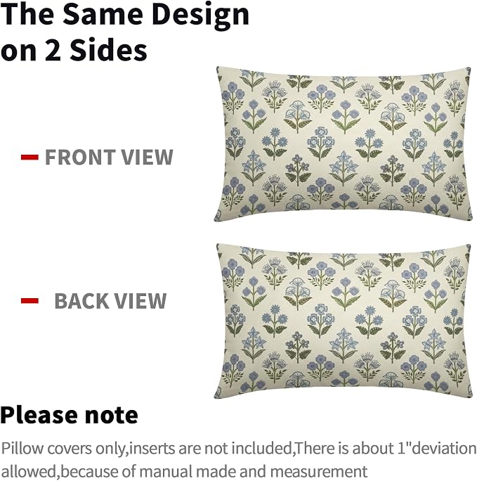 Blue Green Block Print Lumbar Pillow Covers 12x20 Inch Set of 2, Vintage Floral - Image 5