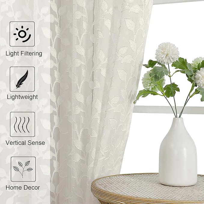 Chyhomenyc Ivory Sheer Curtains 36 Inch Length, Light Filtering Leaf Tufted - Image 3