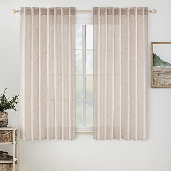 MIULEE Natural White Linen Curtains 64 Inch Length 2 Panels by MIULEE