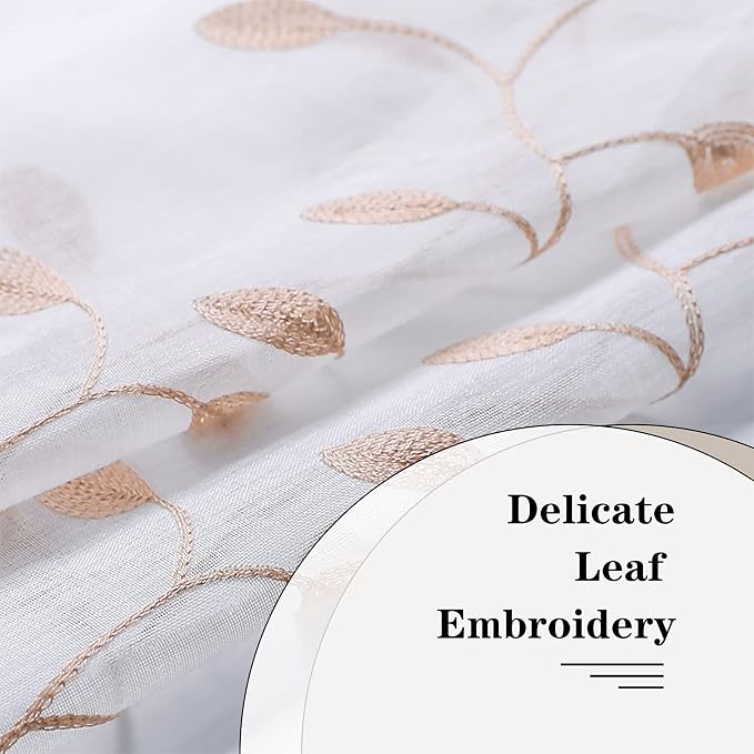 MRTREES Voile Sheer Curtain Valances, Leaves Embroidered Valance Curtains Rod - Image 3