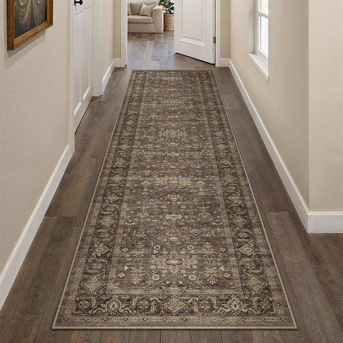 2x8 Washable Runner Rug for Hallway Kitchen Vintage Brown Non Slip Low Pile - Image 3
