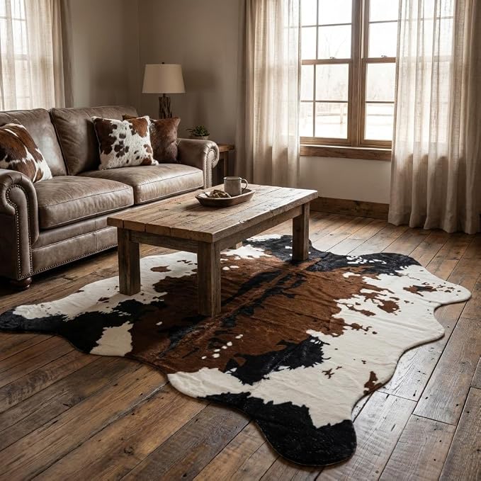 MustMat Brown Cow Print Rug 4'7''×5'3'' Faux Cowhide Rugs Cute Animal Printed - Image 3