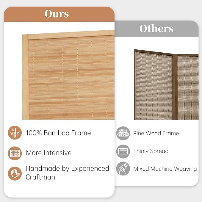 Room Divider Folding Privacy Screens, Hand-Made 67'' High Bamboo Room Dividers - Image 2