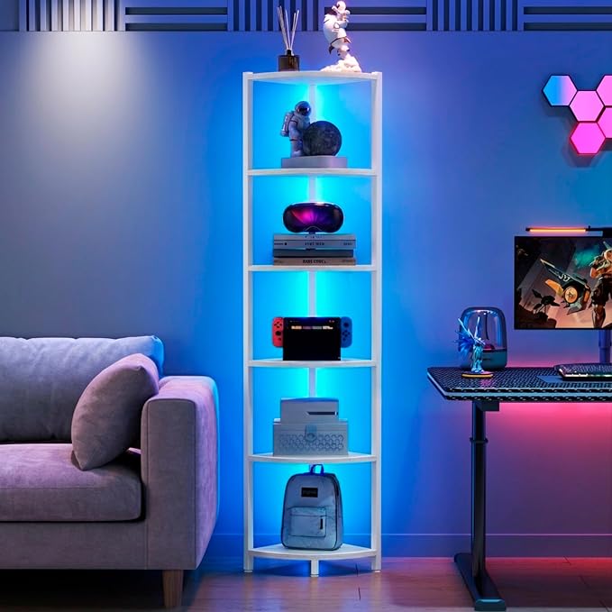 Corner Shelf with LED Lights, 6-Tier Corner Bookshelf by Buildyourperfectlife