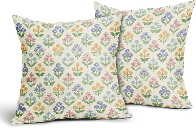 Spring Floral Easter Block Print Pillow Covers 22x22 Inch Set of 2 - Image 2