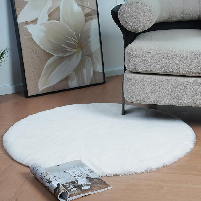 Latepis White Round Rug 4ft Faux Fur Fluffy Rug Faux Rabbit Circle Rugs - Image 2
