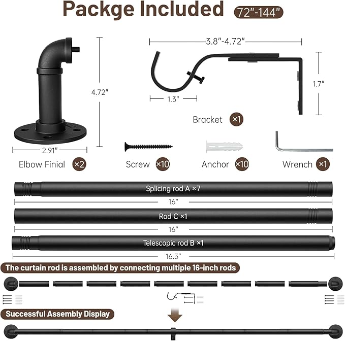 Zeerobee Curtain Rods for Windows 72 to 144, 1 Inch Industrial Wrap Around - Image 6