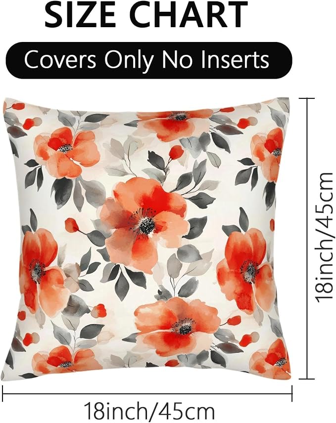 Burnt Orange Watercolor Floral Throw Pillow Covers 18x18 Set of 2, Spring Black - Image 7