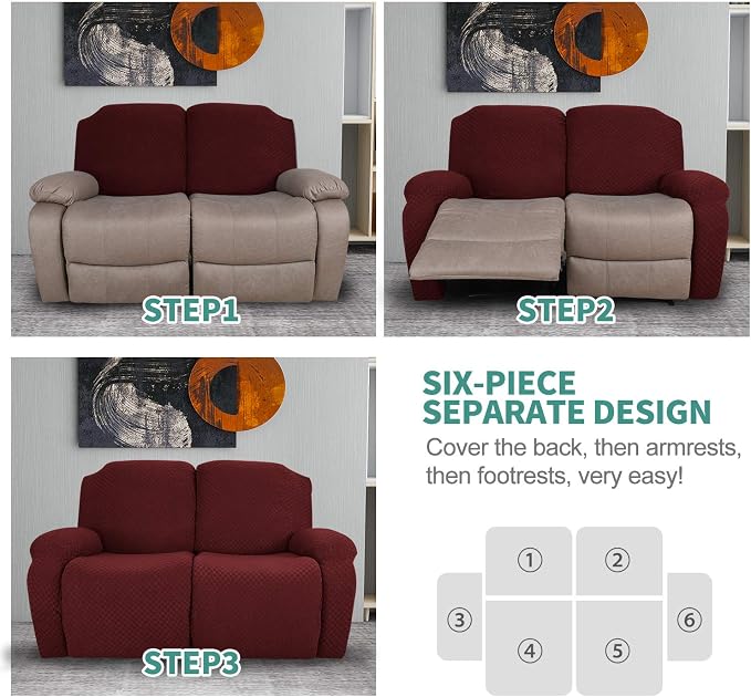YEMYHOM 6 Pieces Stretch Loveseat Recliner Slipcover Jacquard Recliner Sofa - Image 7
