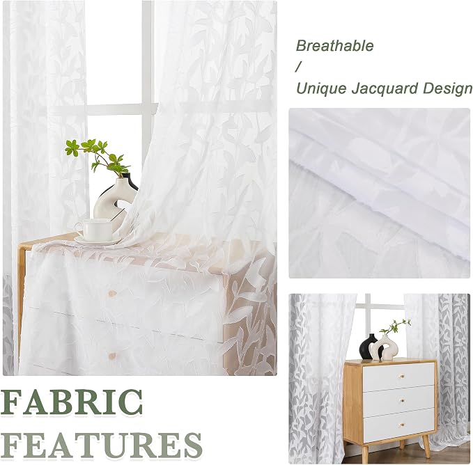 Lecloud Leia White Sheer Curtains 90 Inches Long 2 Panels, Breathable Jacquard - Image 7