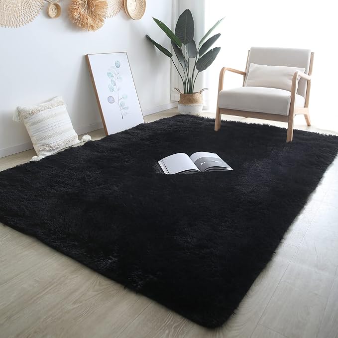 Black Area Rug for Living Room: 5x8 Black Fluffy Area Rugs for Bedroom-Shag - Image 2