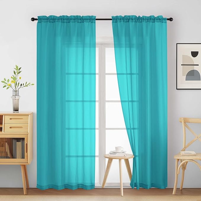 Turquoise Sheer Curtains 90 Inches Long 2 Panels, Light Filtering Solid Sheer by Home