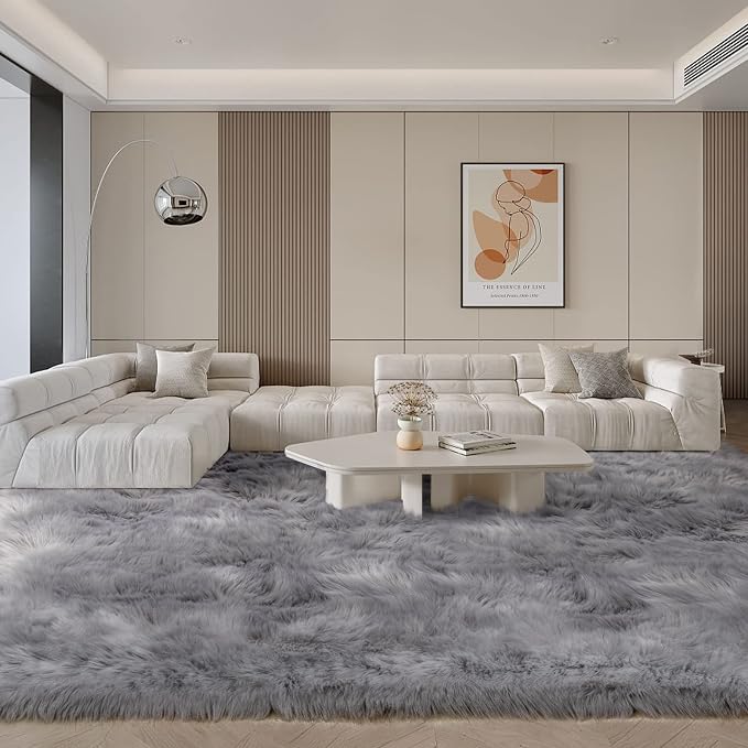 SERISSA Ultra Soft Faux Fur 6x9 Feet Fluffy Shaggy Area Rug Grey Faux Sheepskin - Image 7