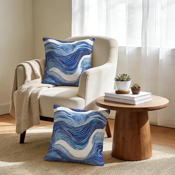 Navy Blue and White Wavy Throw Pillow Covers 18x18 Set of 2, Modern Abstract - Image 2