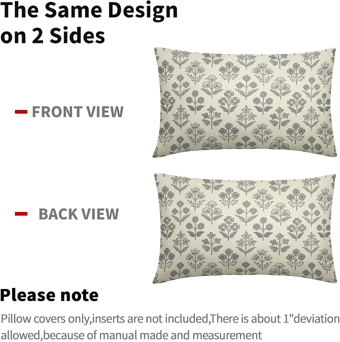 Grey Gray Floral Pillow Covers 12x20 Inch Set of 2, Block Print Lumbar Flower - Image 4