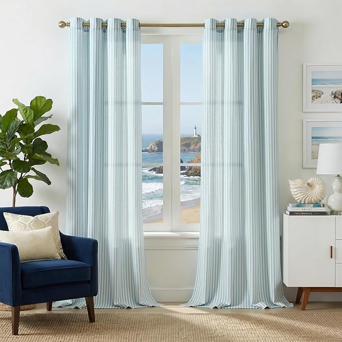 jinchan Linen Curtains for Living Room Aqua Blue Vertical Striped on White by JINCHAN