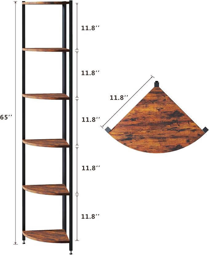 Corner Shelf with LED Lights, 6-Tier Corner Bookshelf, Rustic Brown - Image 2