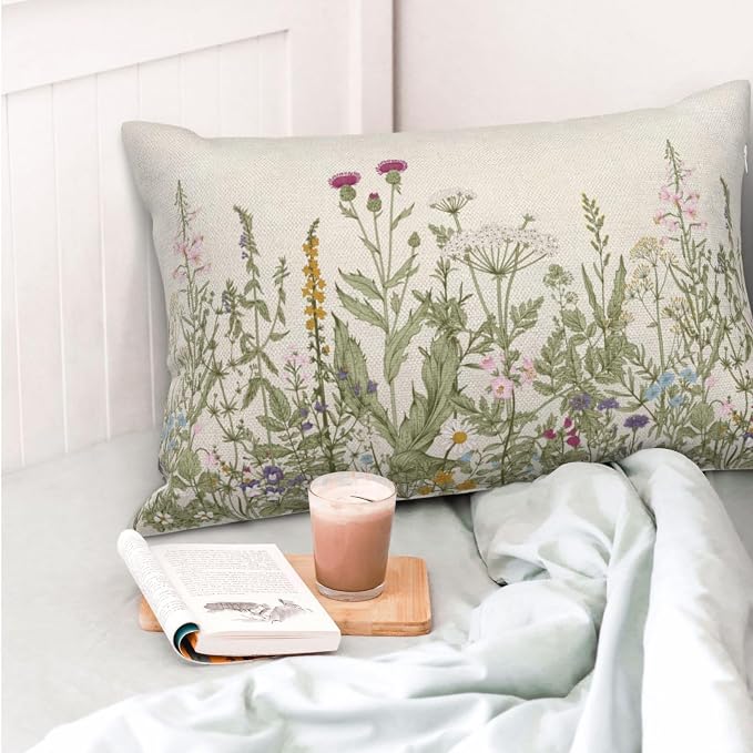 AEIOAE Sage Green Pillow Covers 12x20 Inch Set of 2, Spring Wildflower Plant - Image 2