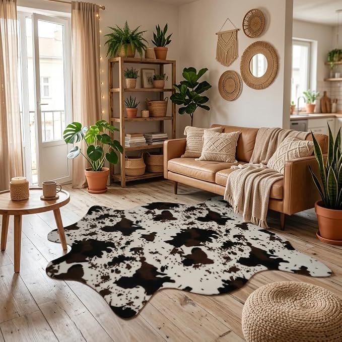 MustMat Brown Faux Cowhide Rug Western Cowboy Cow Print Fur Skin Area Carpet - Image 5
