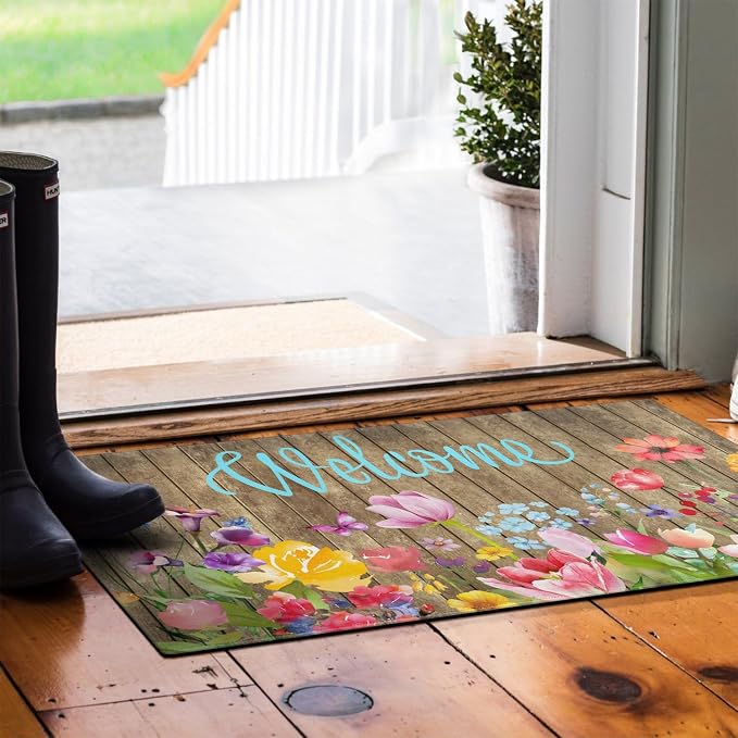 Spring Summer Door Mat, Colorful Flower Watercolor Floral Indoor Outdoor - Image 5