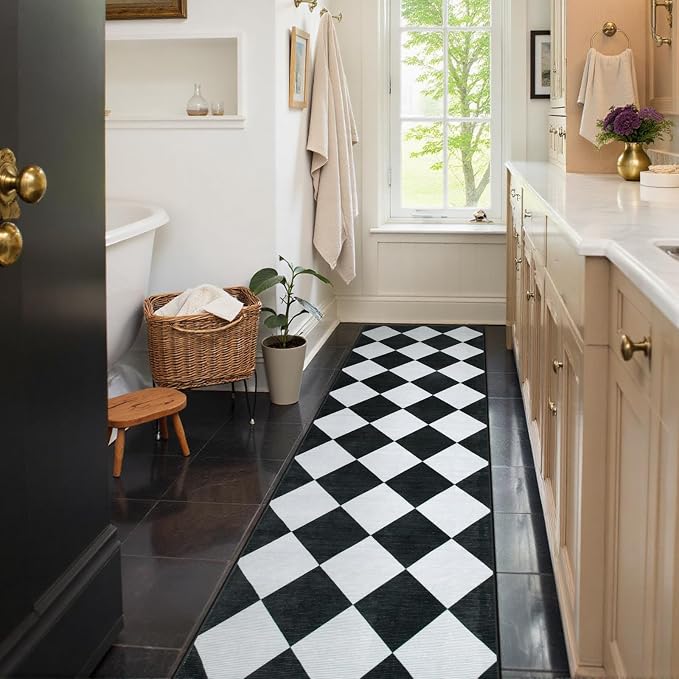 Beeiva Checkered Print Runners for Hallways 2.5x8, Ultra Thin Black Kitchen - Image 8