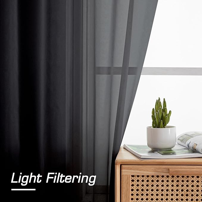 Simplebrand Black Sheer Curtains 90 Inches Long, Light Filtering Rod Pocket - Image 2