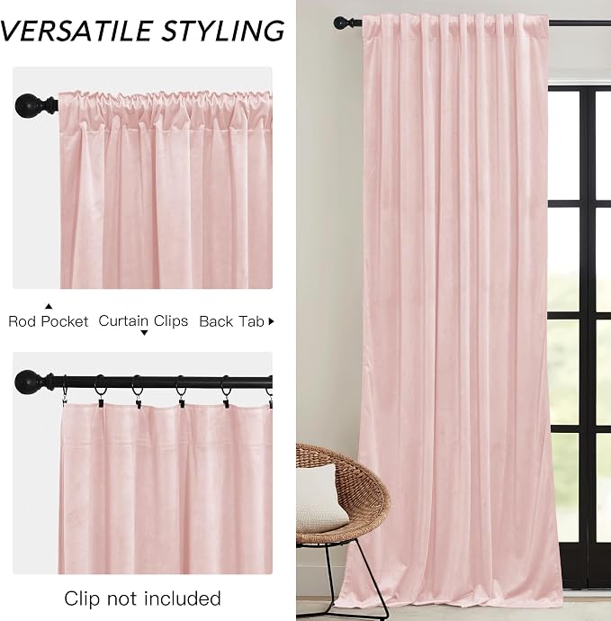 RYB HOME Pink Velvet Curtains 102 inches, Back Tab Soft Fabric Room Darkening - Image 2