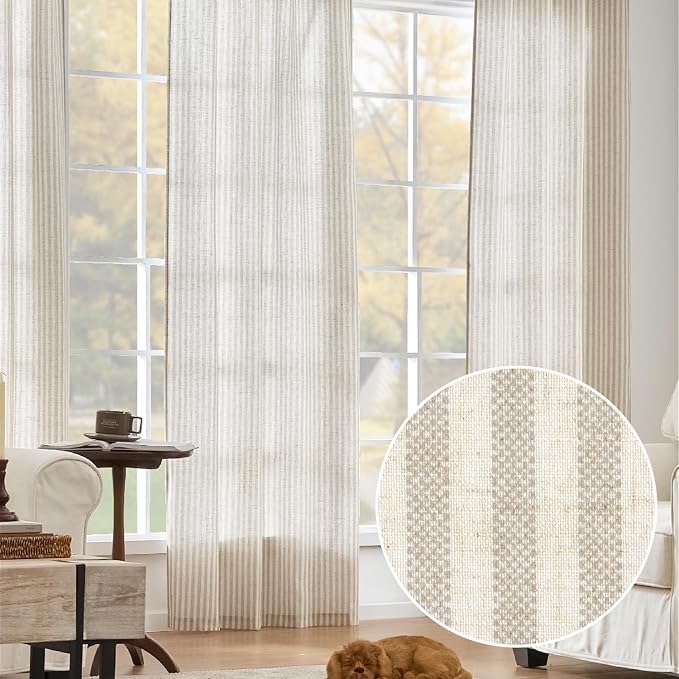 jinchan Linen Curtains Taupe Grey on Beige Striped Curtains - Image 7