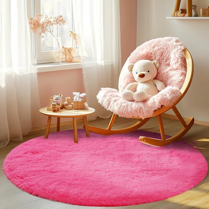Round 4x4ft Fluffy Hot Pink Rug: Ultra Soft Furry Girls Bedroom Carpet- Oval - Image 5